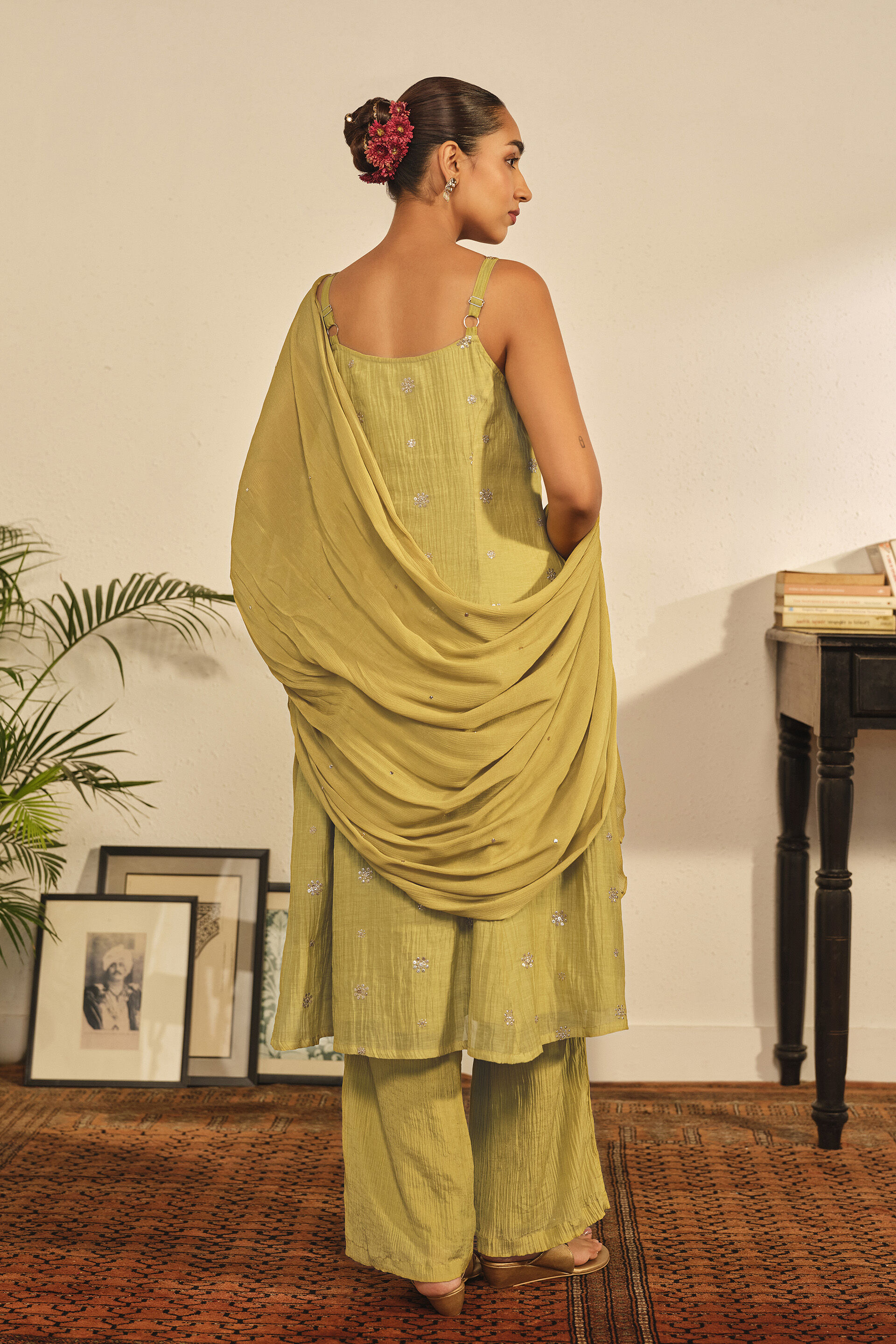 A-line Embroidered Kurta Set in Lime, Lime Green, image 6